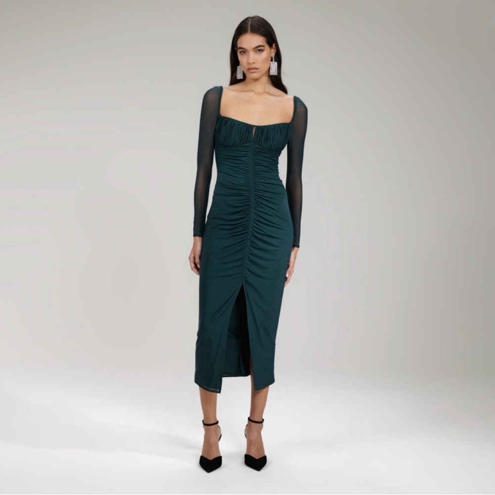 Self‎ Portrait Slate Powermesh Ruched Midi Dress Size 4 Dark Green Wedding Guest